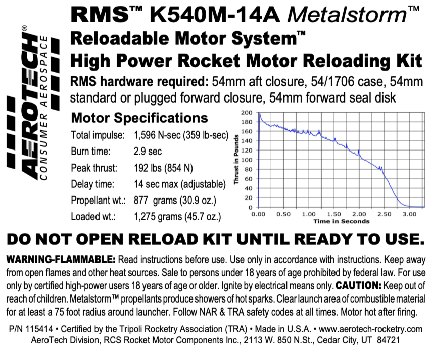 AeroTech K540M-14A RMS-54/1706 Reload Kit (1 Pack) - 115414