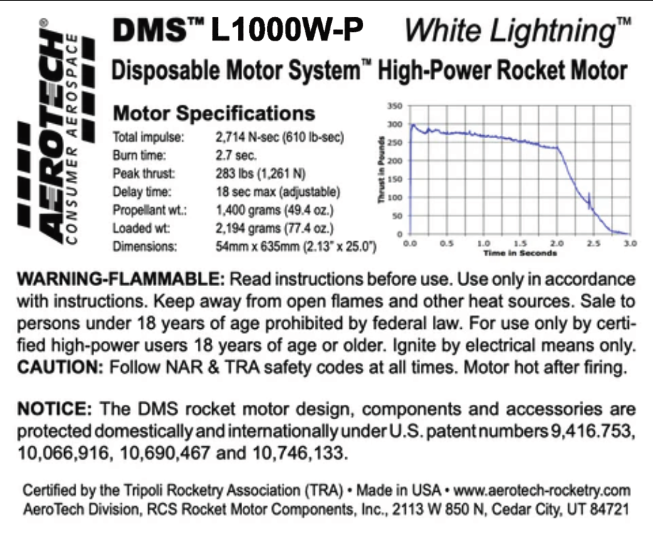 AeroTech L1000W-P 54mm x 635mm Single Use DMS 1-Motor Kit - 12100P