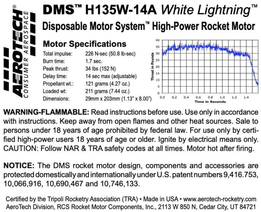AeroTech H135W-14A 29mm x 203mm Single Use DMS 1-Motor Kit - 081314